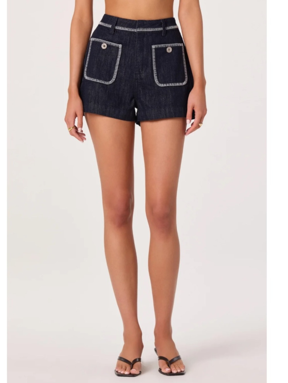 Astr Dark Indigo Denim Shorts with White Contrast Stitching